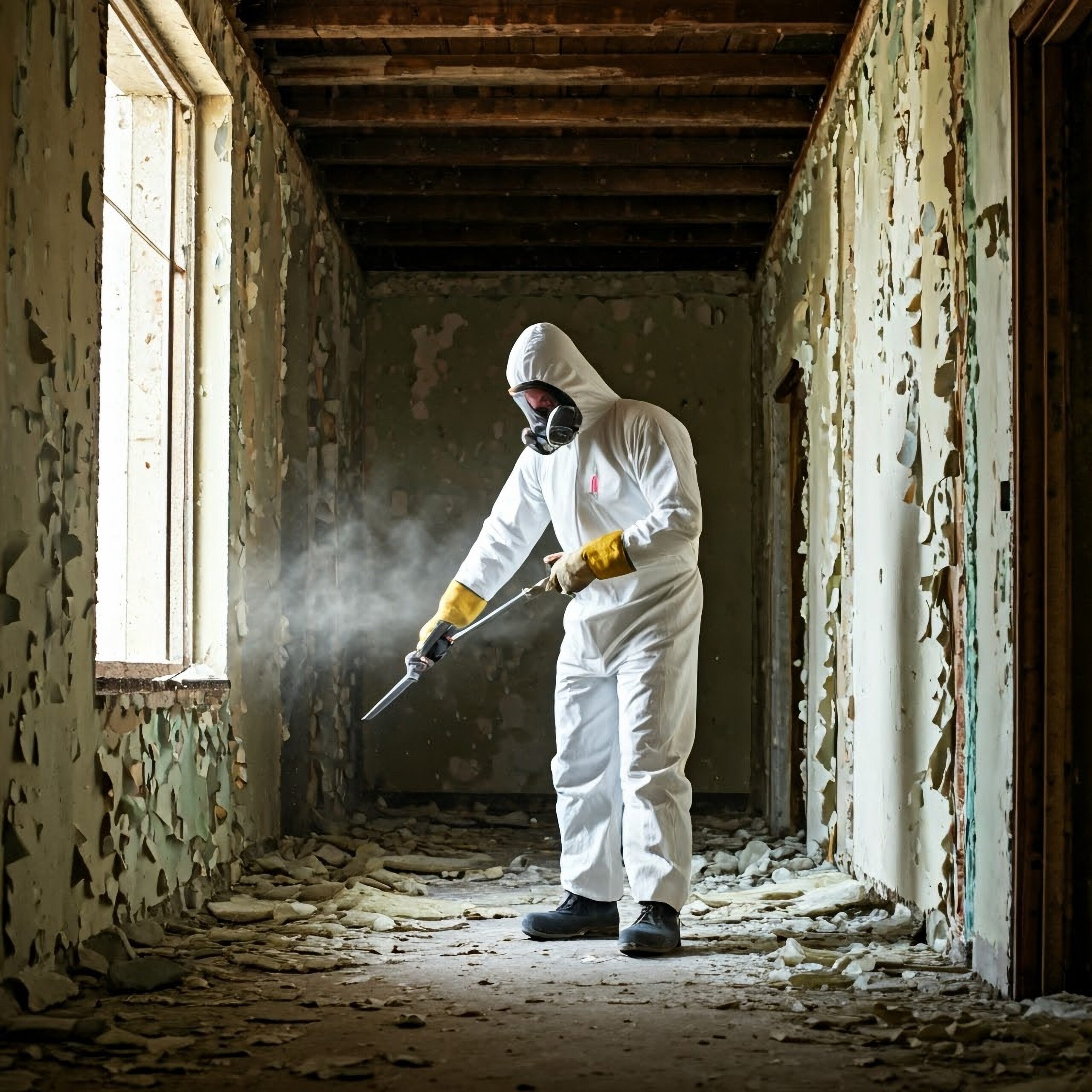 Asbestos,Removal,Specialist,Carefully,Dismantling,Hazardous,Materials,From,Old,Building,